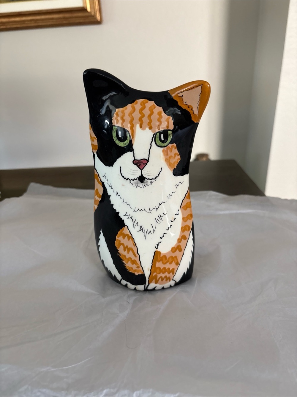 Vintage 2001 Nina Lyman Calico Cat Hand Painted Vase Cats by Nina 7.25” Tall